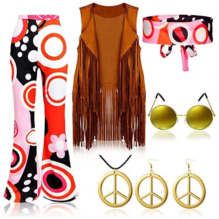 70's Hippie Party Vintage Clothing Tassel Vest Pants Headscarf Suit - 图片 8