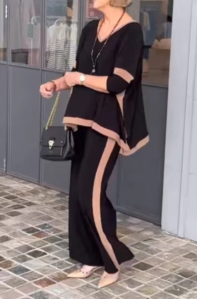 Women's Loose Plus Size Casual V-neck Top Shirt Blouse And Pants - 图片 8
