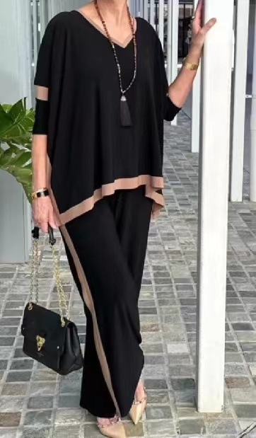 Women's Loose Plus Size Casual V-neck Top Shirt Blouse And Pants - 图片 4
