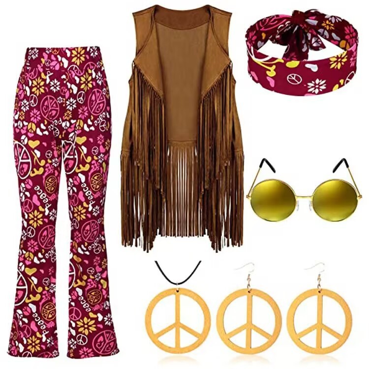 70's Hippie Party Vintage Clothing Tassel Vest Pants Headscarf Suit - 图片 10