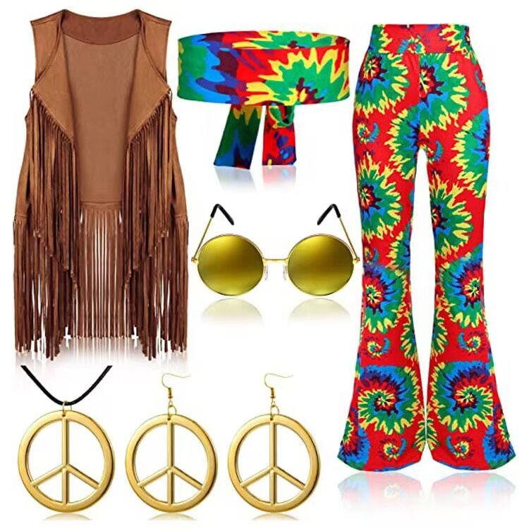 70's Hippie Party Vintage Clothing Tassel Vest Pants Headscarf Suit - 图片 3