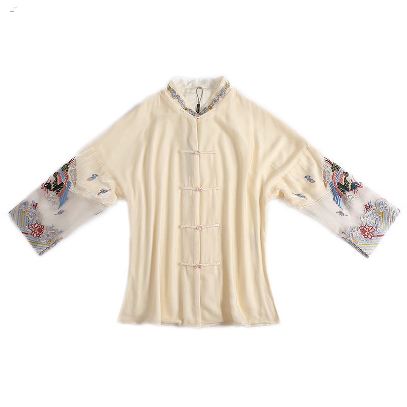 Embroidered Vintage Top Women's Stand Collar Improved Loose - 图片 5