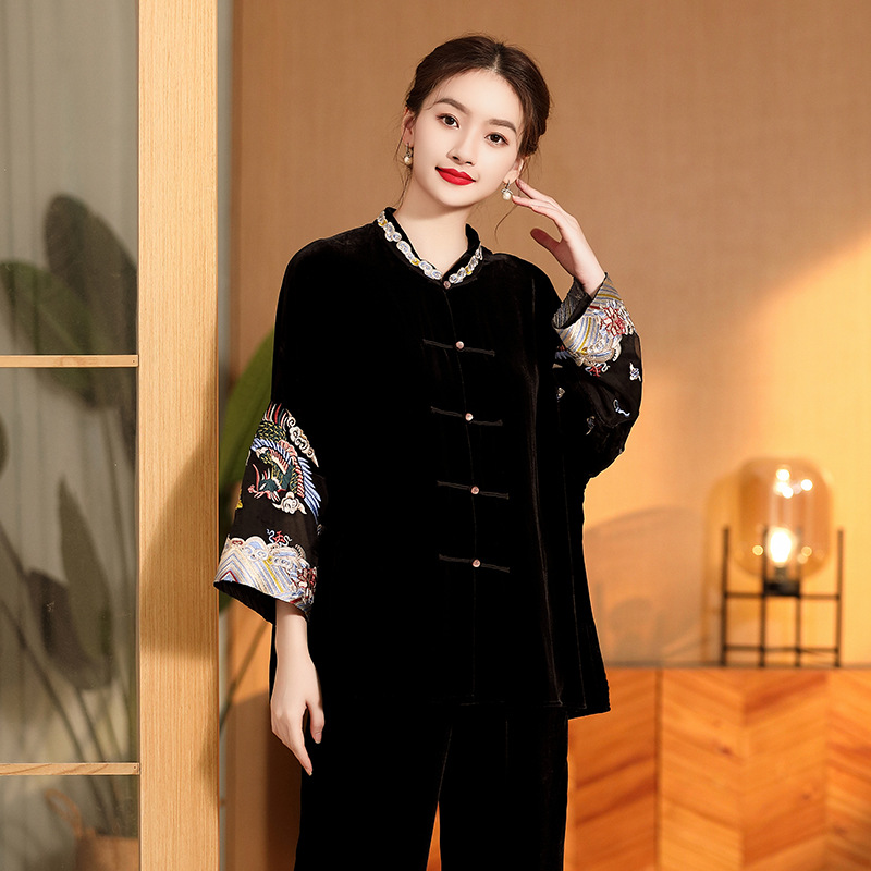 Embroidered Vintage Top Women's Stand Collar Improved Loose - 图片 6