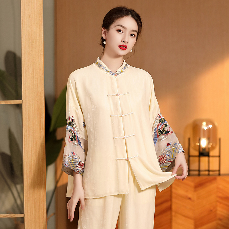 Embroidered Vintage Top Women's Stand Collar Improved Loose - 图片 7