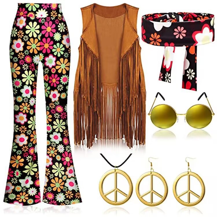 70's Hippie Party Vintage Clothing Tassel Vest Pants Headscarf Suit - 图片 4