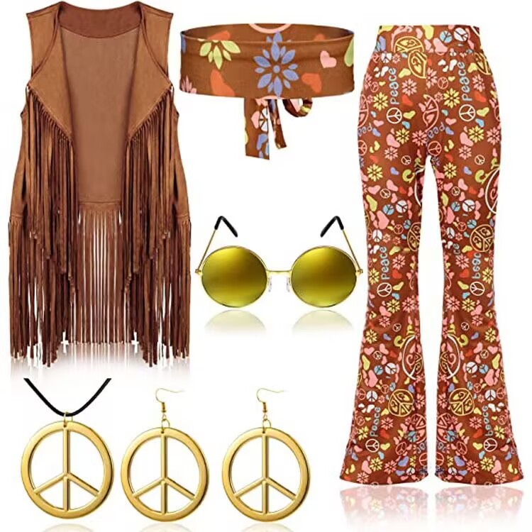 70's Hippie Party Vintage Clothing Tassel Vest Pants Headscarf Suit - 图片 9