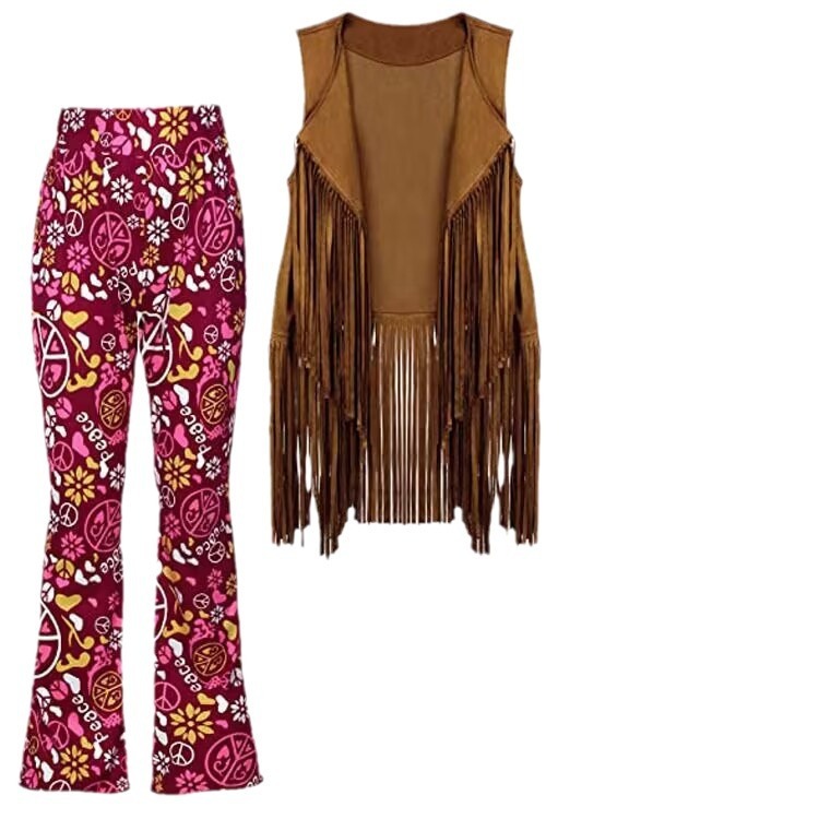 70's Hippie Party Vintage Clothing Tassel Vest Pants Headscarf Suit - 图片 5