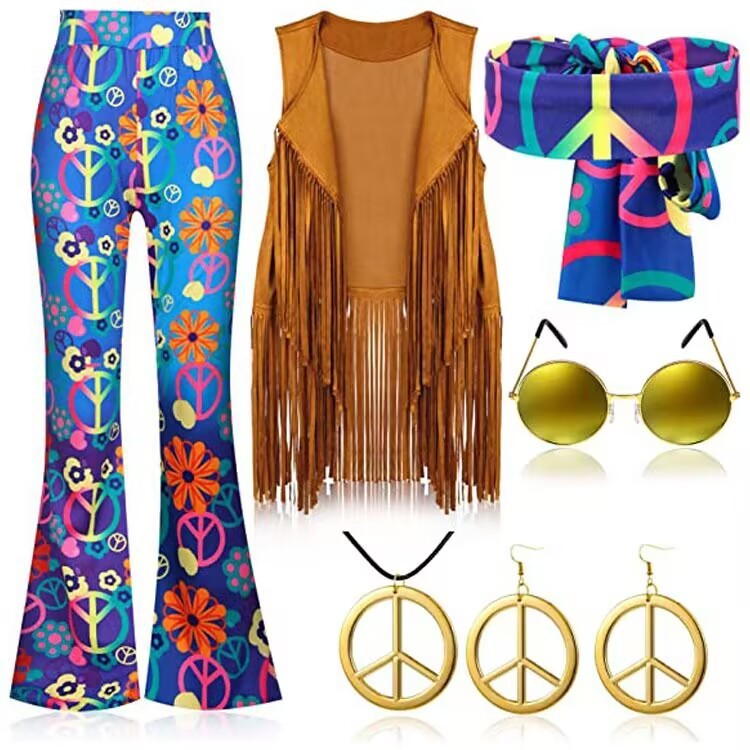 70's Hippie Party Vintage Clothing Tassel Vest Pants Headscarf Suit - 图片 2